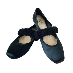UGG Lena Fluff Ballet Flats | Black Satin | Women’s Size 7 | NWOB